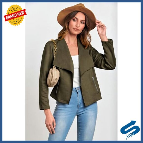 Faux Suede Cropped Jacket Open Front Waterfall Collar Women's Casual Coat - Picture 4 of 8